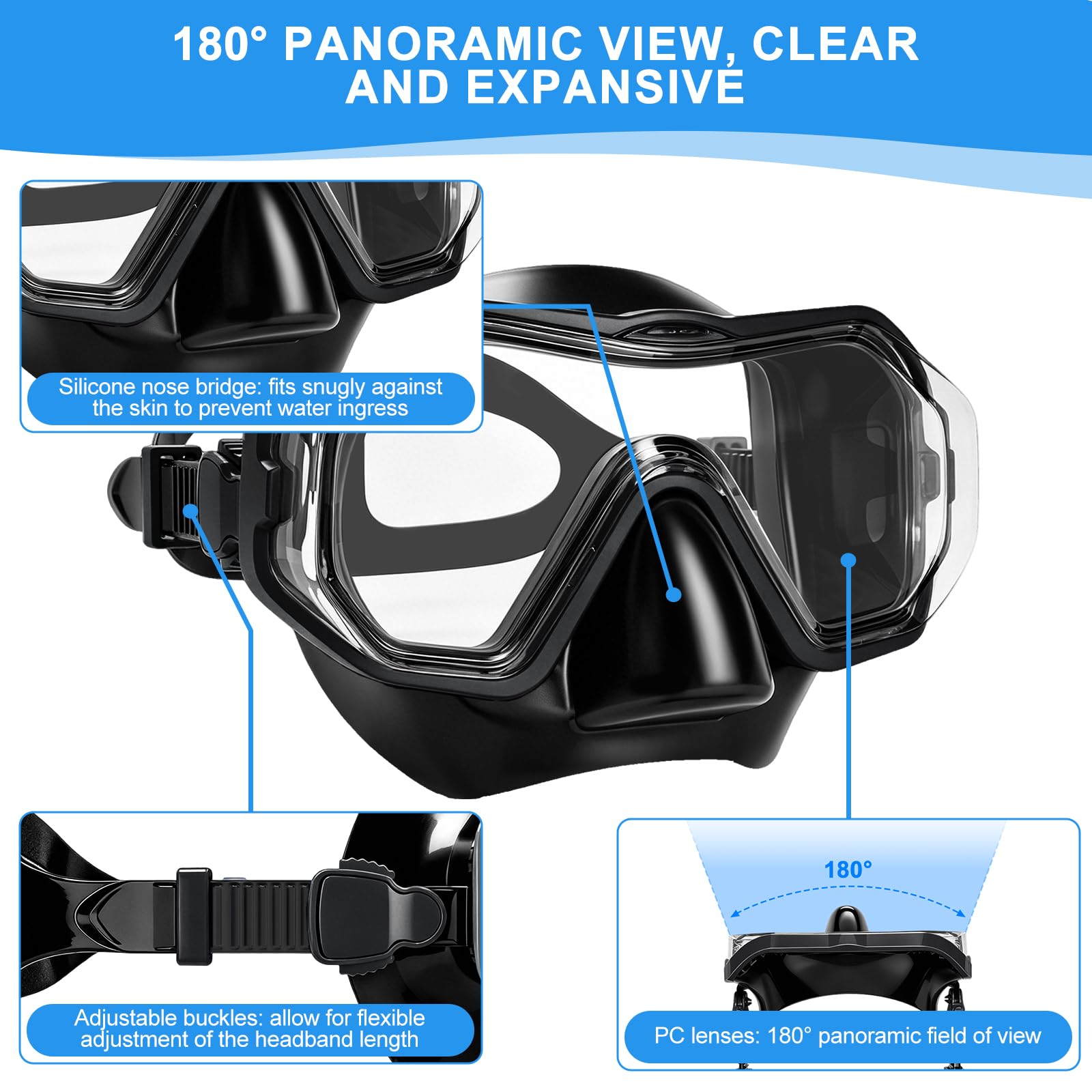 Taucherbrille Erwachsene, Schnorchelset mit Schnorchel und Taucherbrille, Tauchmaske für Herren Damen mit Nasenabdeckung, 180° Panorama Anti Nebel Anti-Leck Tauchmaske
