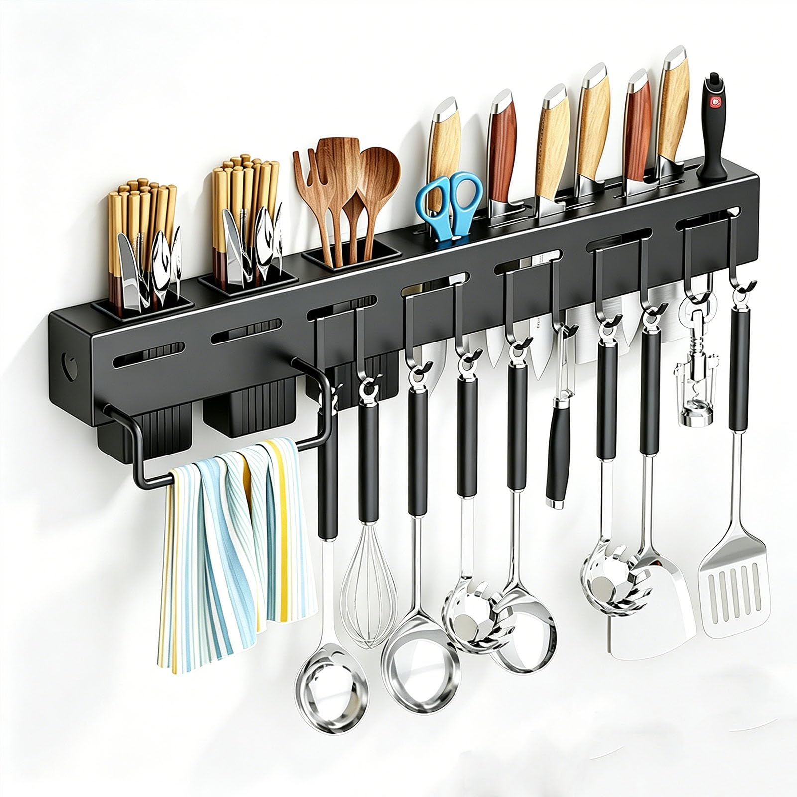 TBATM Kitchen Corner Wall Organizer, Multifunctional Knife Holder Storage Rack for Knives, Chopsticks and Cooking Tools,Black Towel Rack Hook,60cm