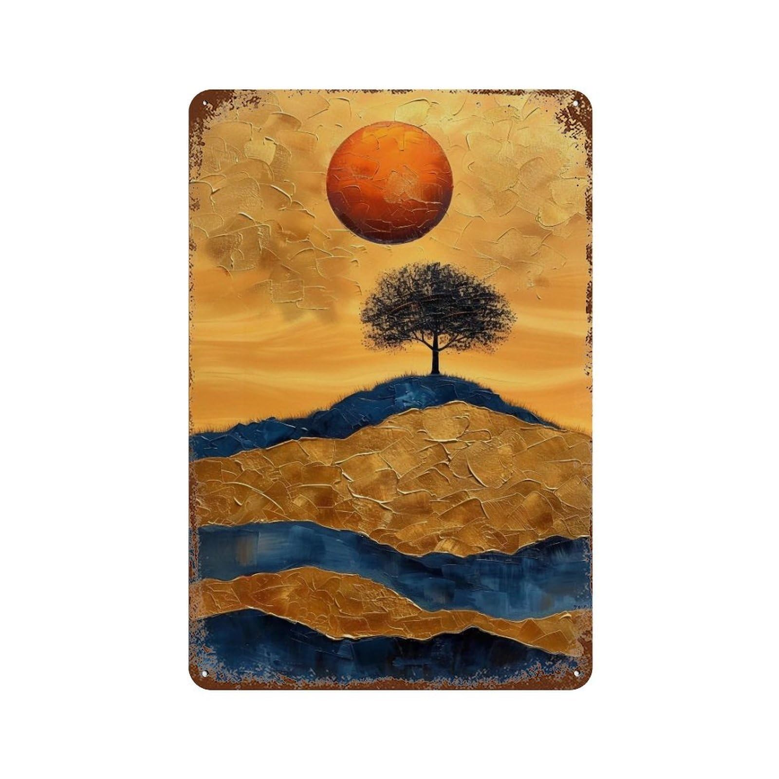 WUJHGRSG Gilded Impasto Minimal Lone Tree Red Sun Rolling Hills 01 Wall Art Retro Iron Vintage Metal Tin Sign Poster Modern Decor for Home Cofffee Club Bar Shop Style 30x20cm