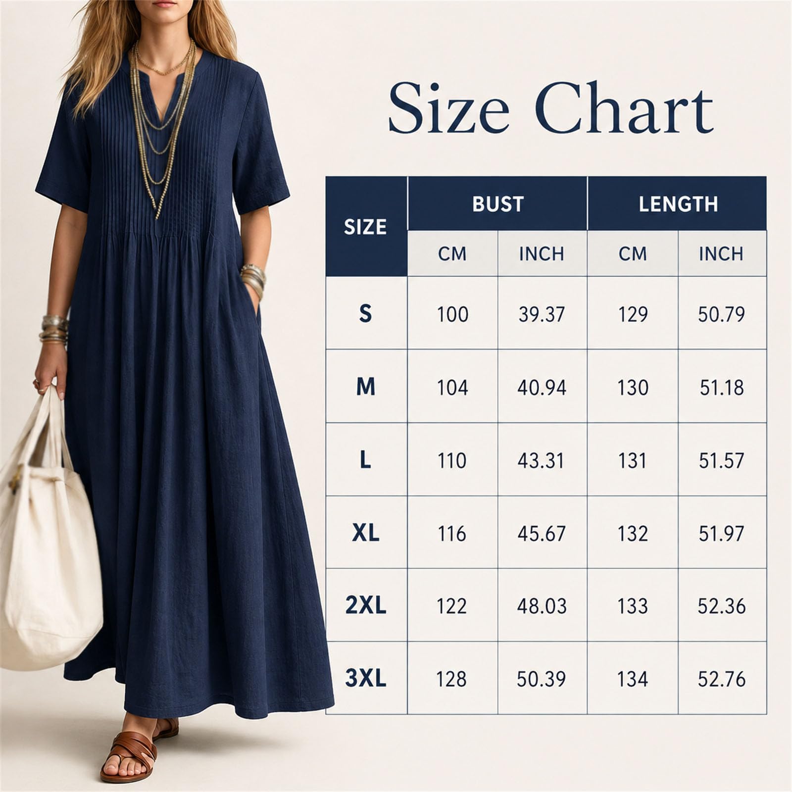 Maxi abito estivo da donna in cotone, scollo a V, maniche corte, con tasche | Maxi abito in cotone con scollo a V, maniche corte, arricciatura frontale e tasche, per l'estate, il tempo libero, le vacanze