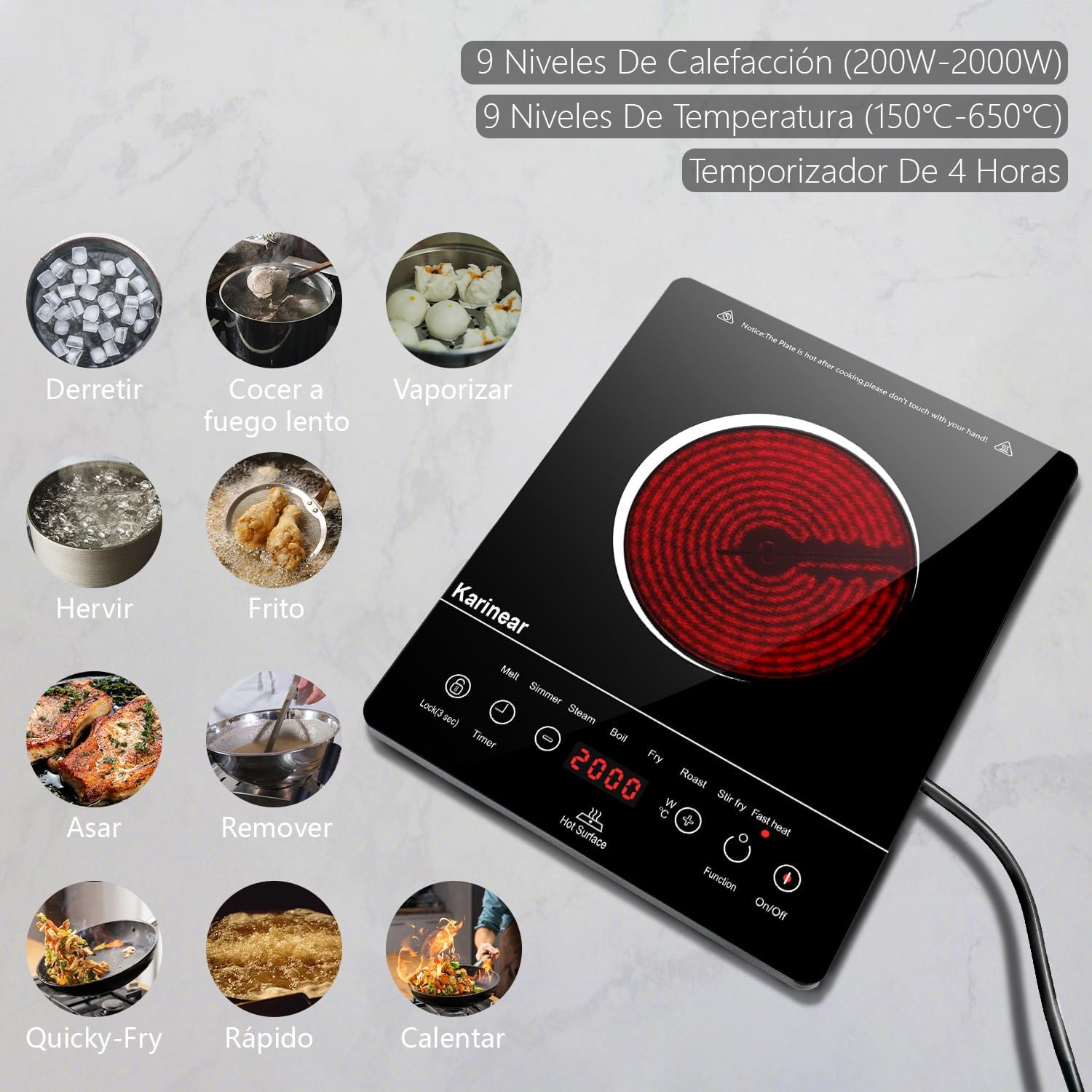 Karinear Piano Cottura in Vetroceramica, Piastra Portatile 2 fuochi, 2600W Fornello Elettrica con spina, 220-240V, Piani Cottura con Manopola Karinear Piano Cottura in Vetroceramica, Piastra Portatile 2 fuochi, 2600W Fornello Elettrica con spina, 220-240V, Piani Cottura con Manopola