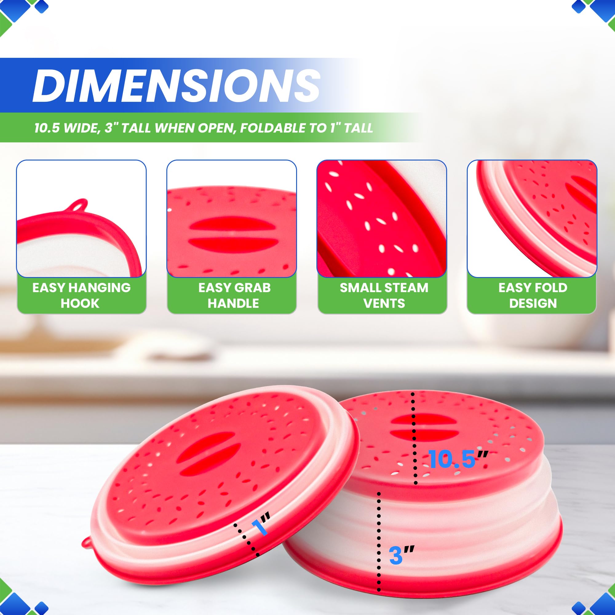 Cubierta de salpicaduras de microondas de 10.5 pulgadas, cubierta plegable de silicona para salpicaduras de alimentos, cubre el plato y el plato, tapa duradera para alimentos para microondas con