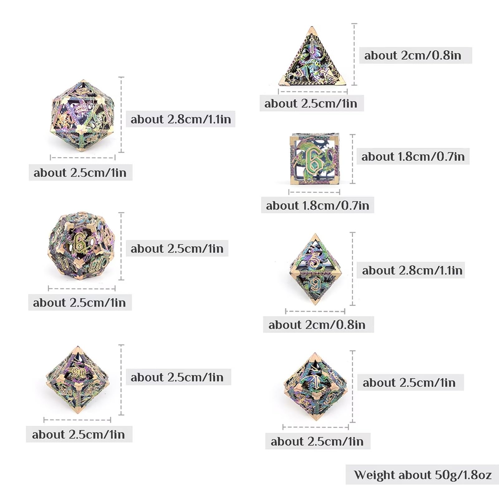Ensemble de 7 Dés en Métal Colorés en Forme de Dragon, Polyèdres Creux, Compatibles avec Les Jeux de Rôle, Les Jeux de Plateau et Les Jeux de Cartes