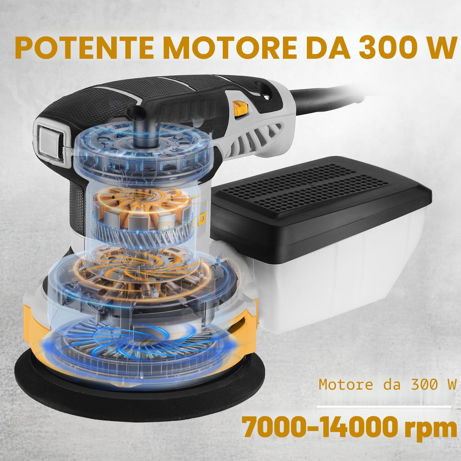 DEKOPRO Levigatrice Orbitale 300W - 6 velocità variabile 14000RPM Levigatrice Rotorbitale, 125mm strumento di levigatura manuale, sistema di raccolta della polvere ad alte prestazioni
