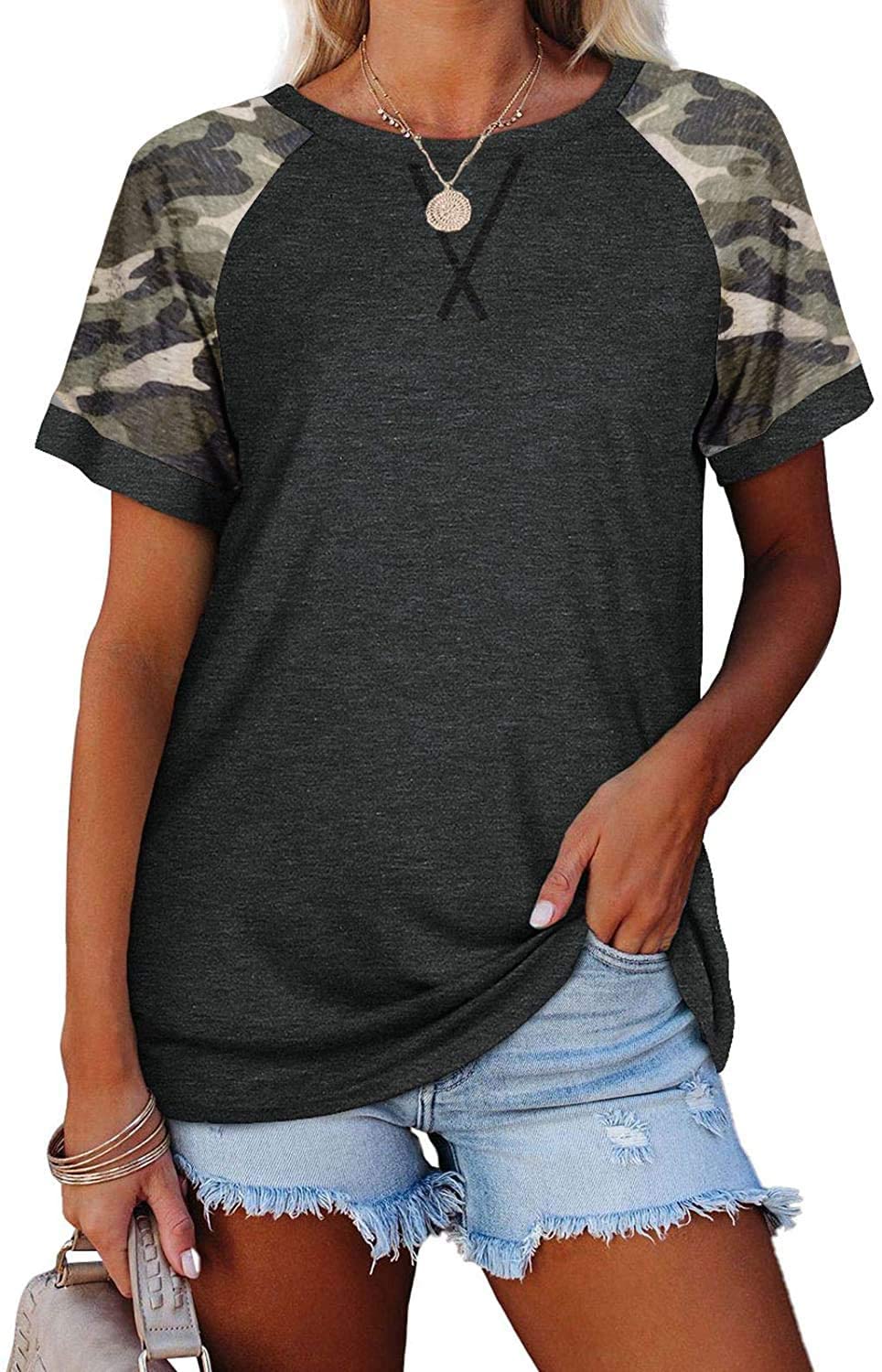 Women's Raglan Short Sleeve Crewneck T-Shirt Color Block Tunic Tshirt Casual Loose Blouses Tops