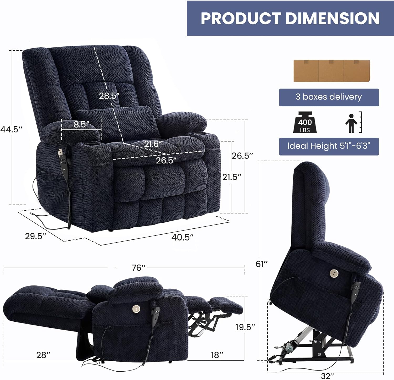 Power Lift Recliner Chair for Elderly, Infinite Position Lay Flat Recliner Chair for Adults W/Massage & Heat, Electric Lift Chair, Cup Holders, One-Touch Reset, Lumbar Pillow(Premium Large, Blue)