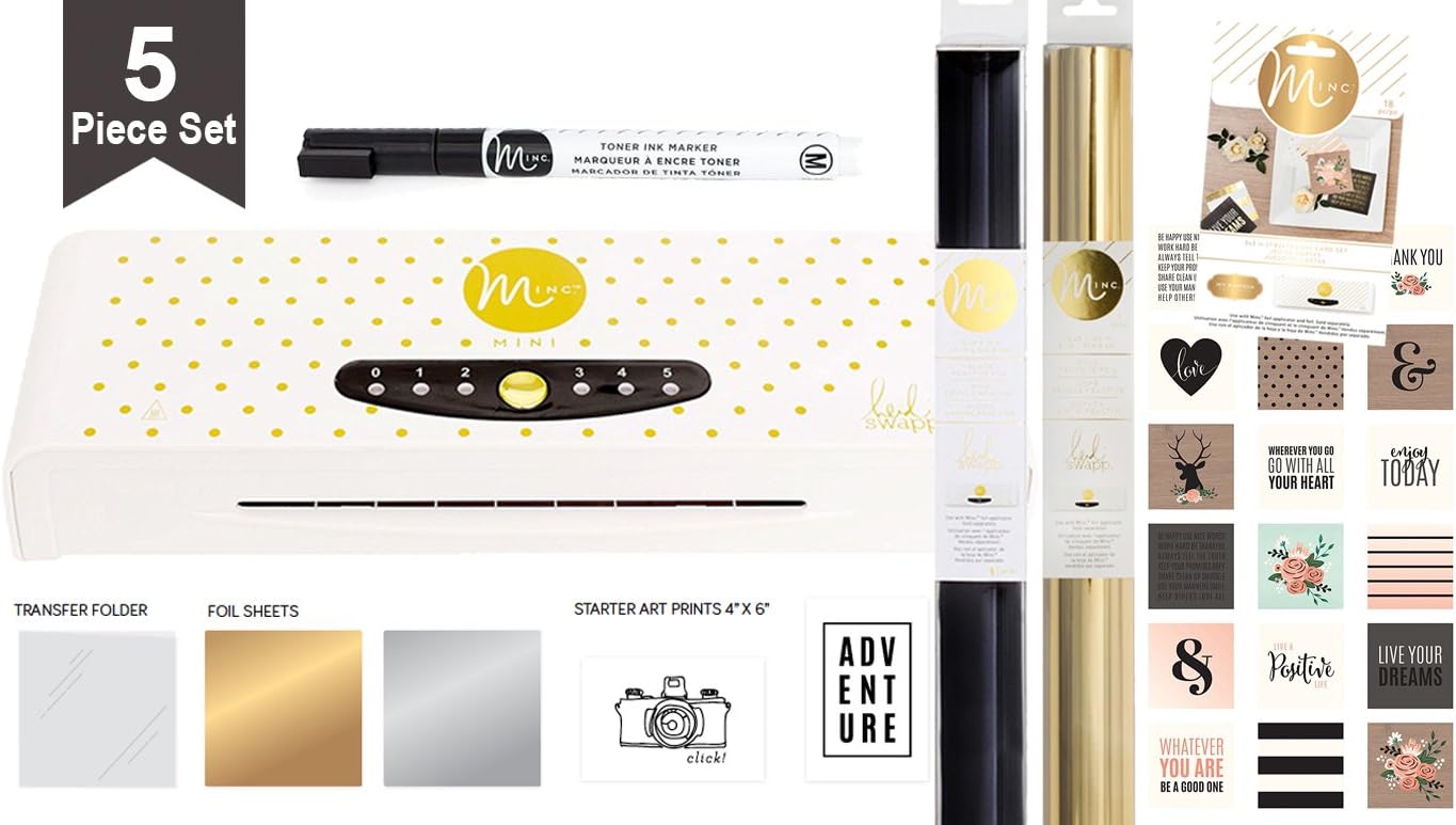 Heidi Swapp Minc Foil Applicator Mini 6 inch Machine Starter Bundle with Black and Gold foil, Card Set (18 pc), Toner Pen, Transfer Folder - for Paper Crafting, Laminating, and Decorating