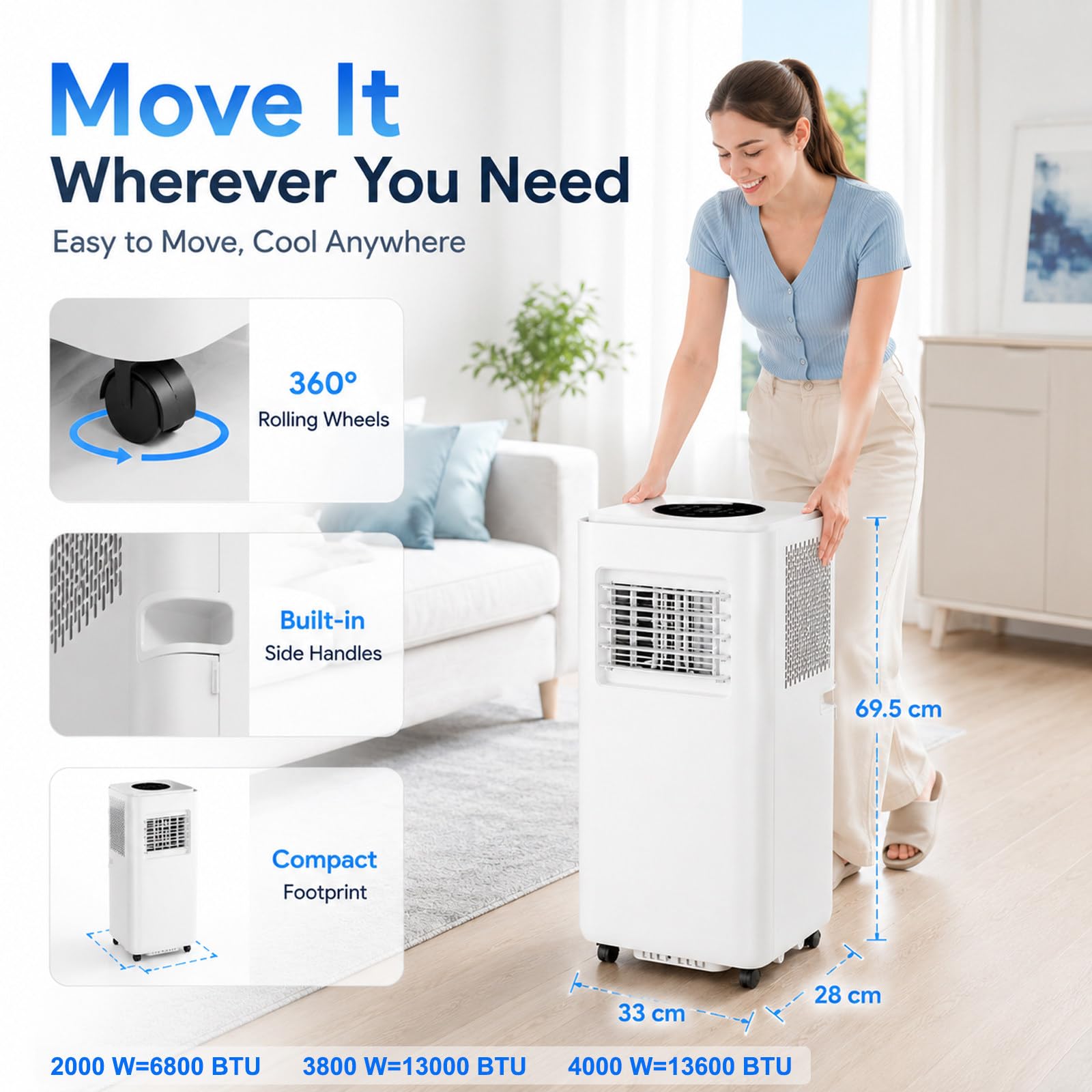 Aire Acondicionado Portátil 13000 BTU, Climatizador Portátil con Deshumidificador, Ventilador, Refrescante, Sueño, Kit Ventana, Modo Noche, pingüino Aire Acondicionado, casa 3800W