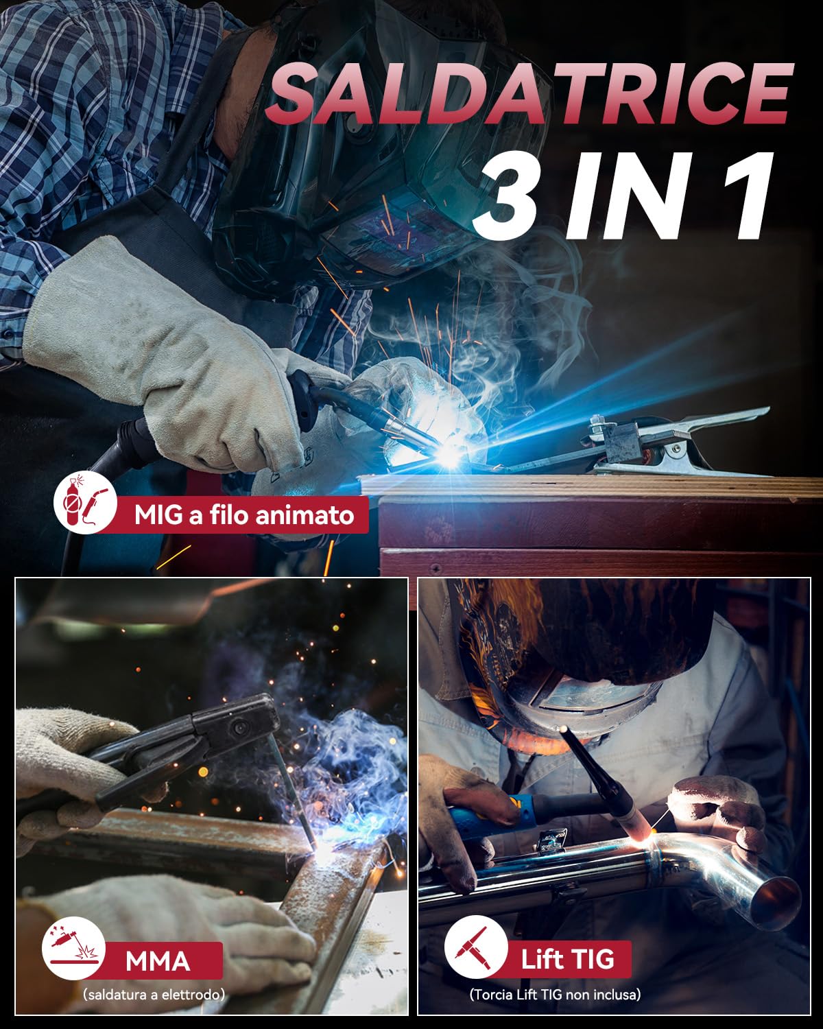 Saldatrice ARCCAPTAIN MIG 130A, 3 in 1 230V, MIG/FLUX Core/Lift TIG/Elettrodo, Saldatrice Portatile Inverter IGBT con Controllo Sinergico e Filo Animato da 0,45KG