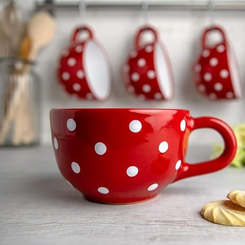 Miniatura 2 de City to Cottage Taza de cerámica hecha a mano con diseño de lunares rojos y blancos, taza única extra grande de 17.5 onzas 16.9 fl oz de capuchino