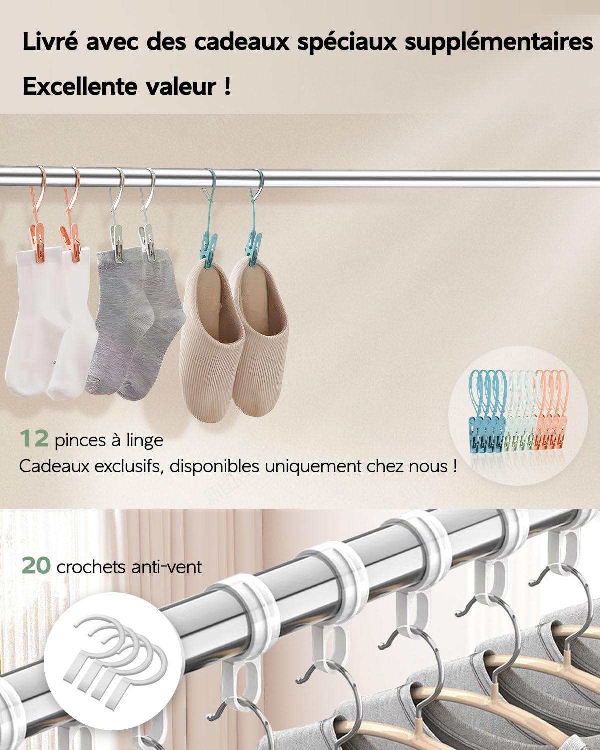 Vikaqi Étendoir à linge pliable de 200 cm pour intérieur et extérieur, étendoir à linge pliable, étendoir à linge pliable, corde à linge robuste en acier inoxydable, support à vêtements, 20 crochets