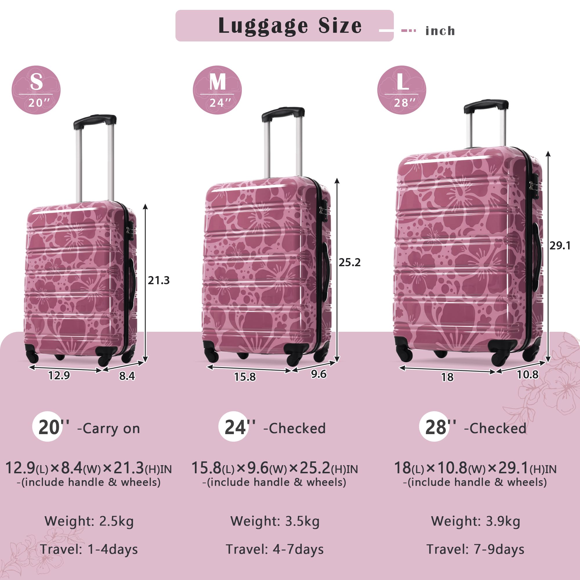 Set di 3 valigie rosa da 50/61/28 pollici, con guscio rigido con ruote girevoli, valigia rigida con ruote girevoli, valigia leggera a quadri con serratura TSA, per ragazze e uomini, Rosa