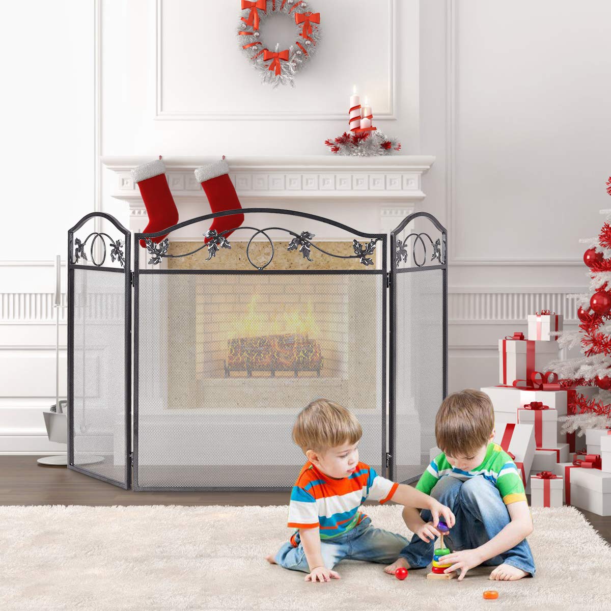 LIFEZEAL Pare-Soleil pour Cheminée Pliable, Pare Feu Cheminée, Grille de Protection à 3 Panneaux en Métal, Filet Décoratif, 127 x 2 x 74 Cm, Noir