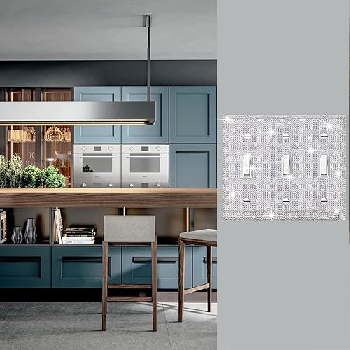 Miniatura 3 de Gaocai Cubierta de placa de pared con diamantes de imitación plateados brillantes, cubierta de interruptor de luz, cubierta decorativa de 3 bandas,