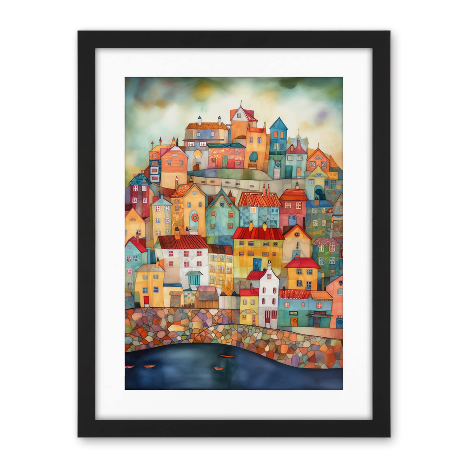 Artery8 Home By The Sea Folk Art Artwork Framed Wall Art Print 18X24 Inch