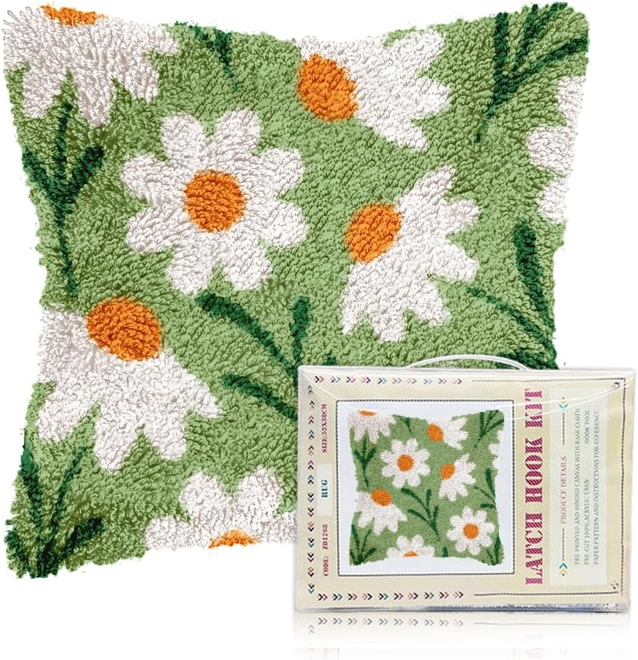 FREEBLOSS 17 x 17 Latch Hook Kits for Adults Beginners Daisy Pre Printed DIY Crochet and Latch Kits Pillow Cover for Home Sofa Decoration, Includes Instructions