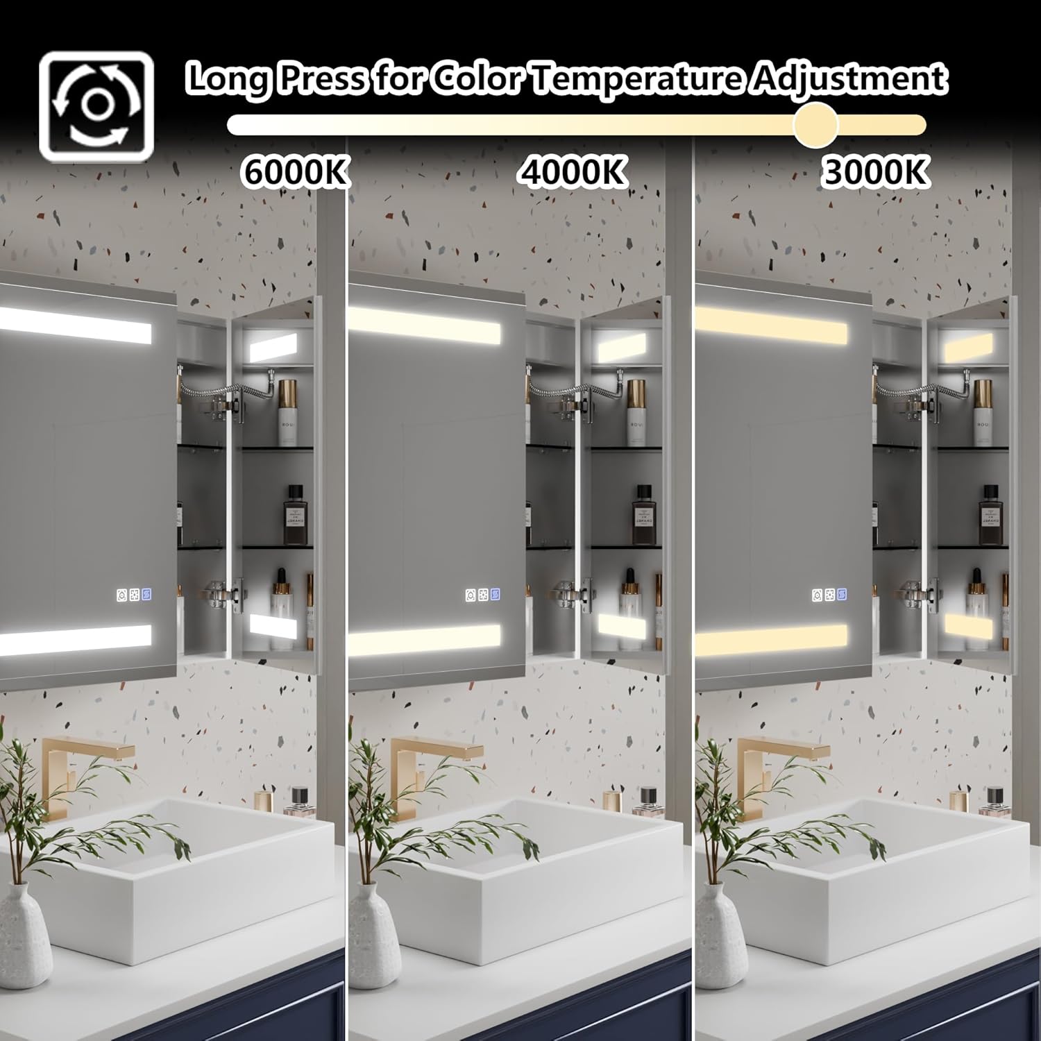 LED Bathroom Medicine Cabinet with Mirror, 24x40 Medicine Cabinet with Lights, Power Failure memor, Dimmable, Defogging, Recessed/Surface, Front&Backlit, Outlets, Dual-Opening