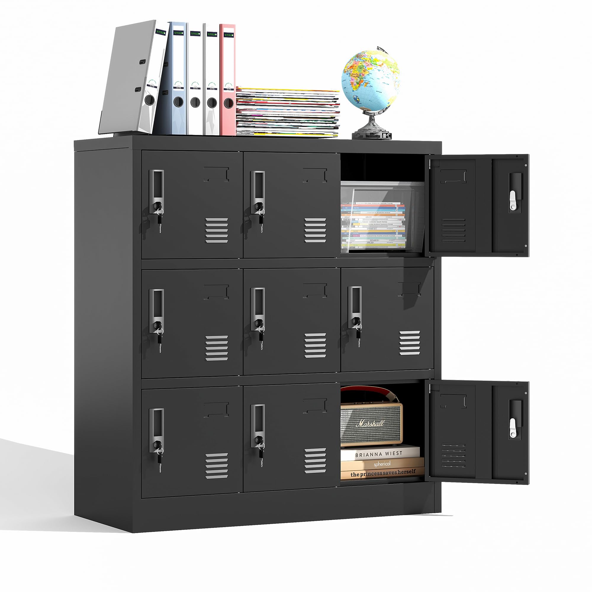 EKJ Metal Locker 9 Doors Storage Cabinet with Card Slot and Locks, Steel Storage Lockers for Employee, Office, Home, Gym, Shool, Require Assembly(Black)