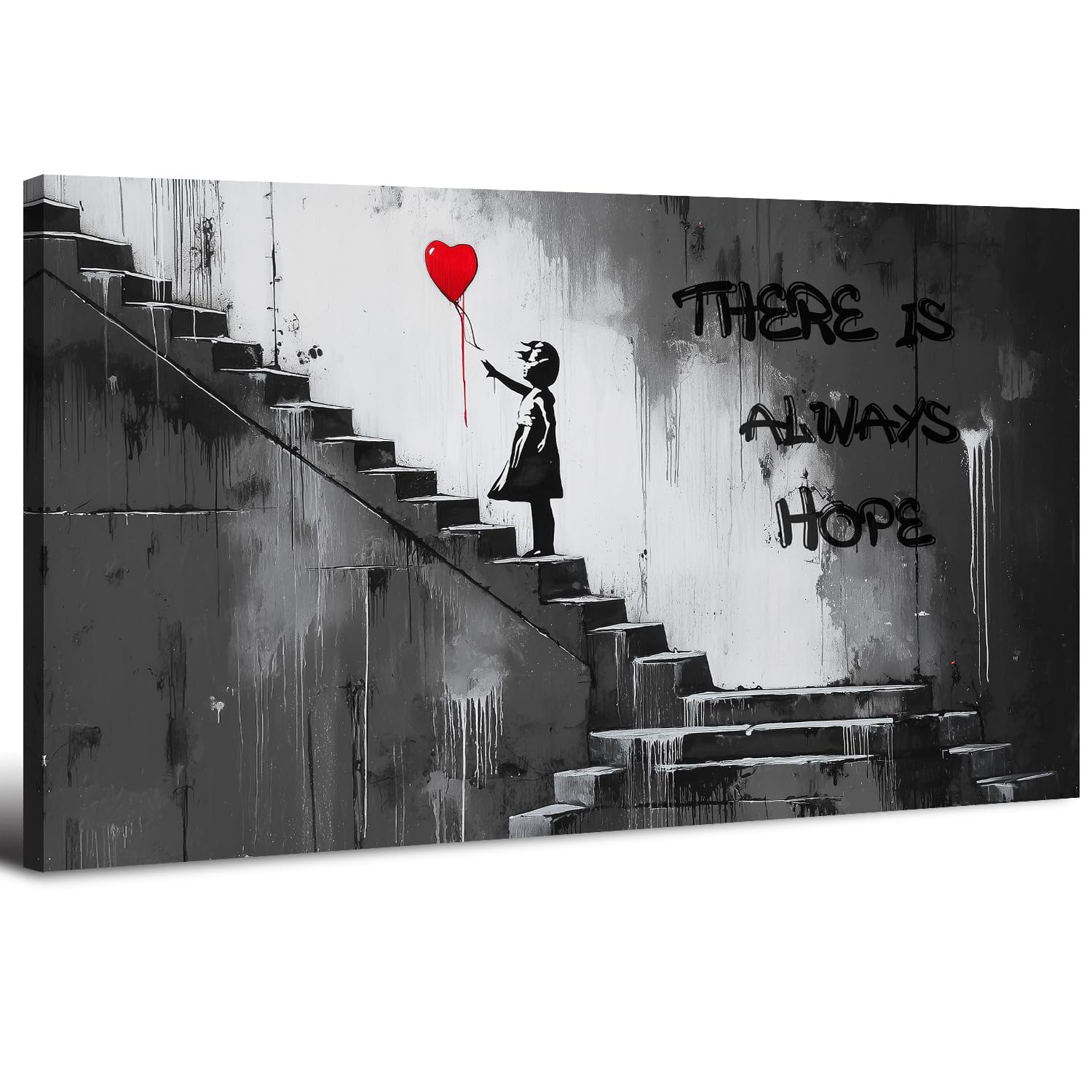 Banksy Canvas Wall Art Black and White Graffiti Girl with Red Balloons Wall Pictures There is Always Hope Inspirational Quotes Paintings Artwork for Living Room Bedroom Home Decorations 20x40in — image 1