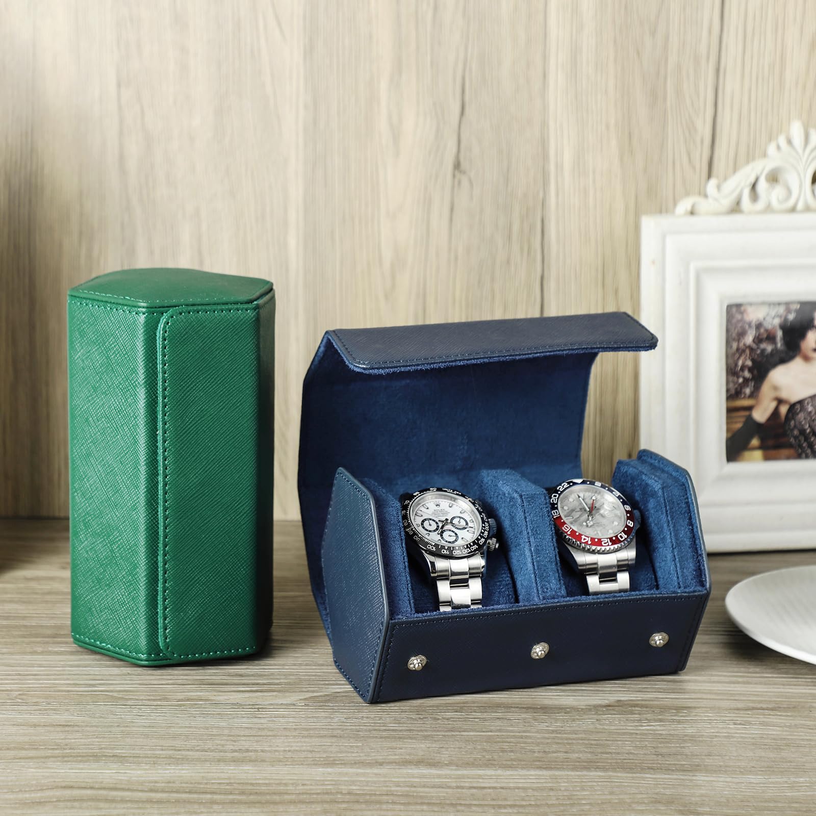Hiram Hexagon Uhren-Reiseetui aus echtem Leder 2 Uhrenrollen-Etui Uhren Aufbewahrungsbox Schutz-Organizer für Armbanduhren (Blau)