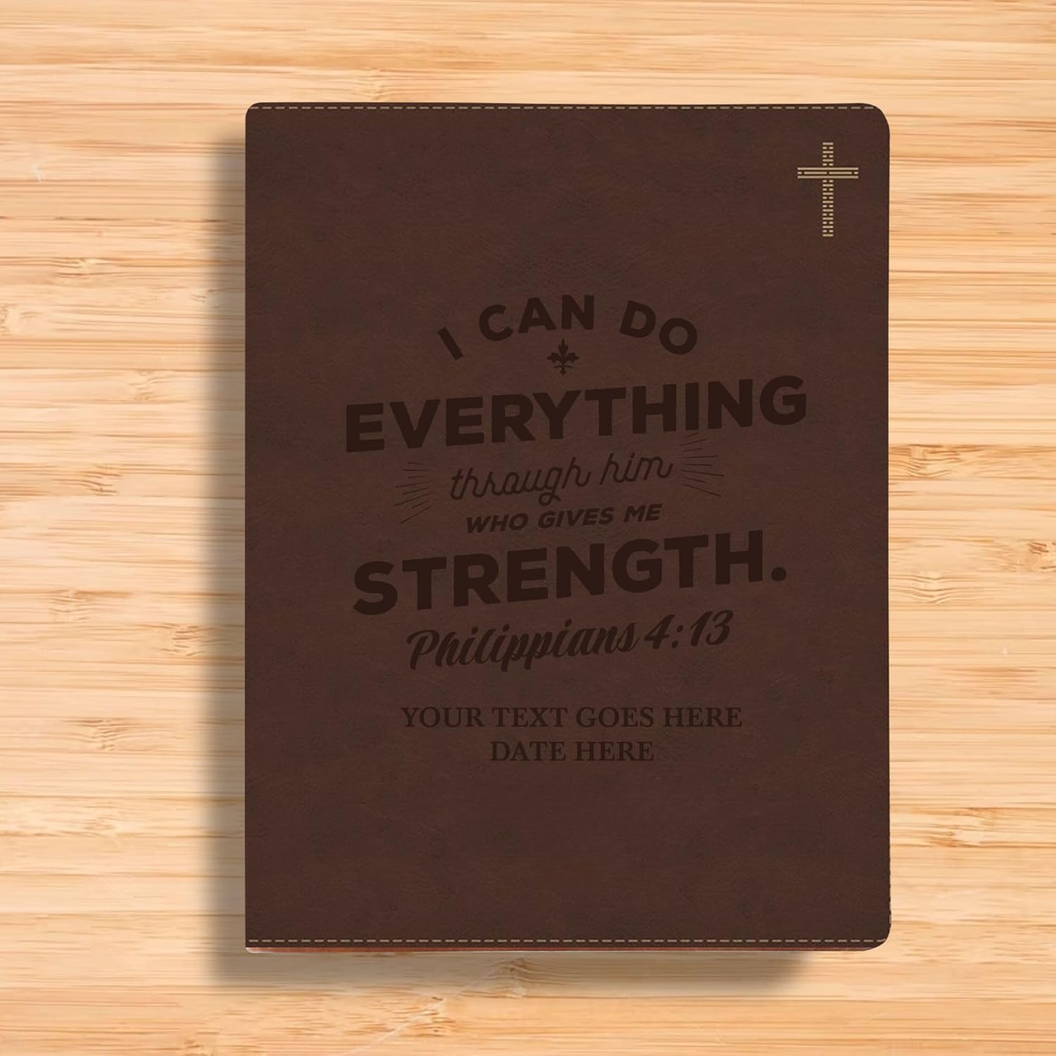 Personalized NIV Bible Faux Leather Medium Print Size with Full Cover Philippians 4:13 Scripture Design and Custom Name and Text | Gift for Religious Celebrations | Brown