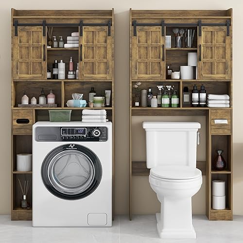 Miniatura 4 de Gabinete de almacenamiento sobre el inodoro, armario de almacenamiento de granja sobre inodoro con puertas corredizas, estante de inodoro que ahorra