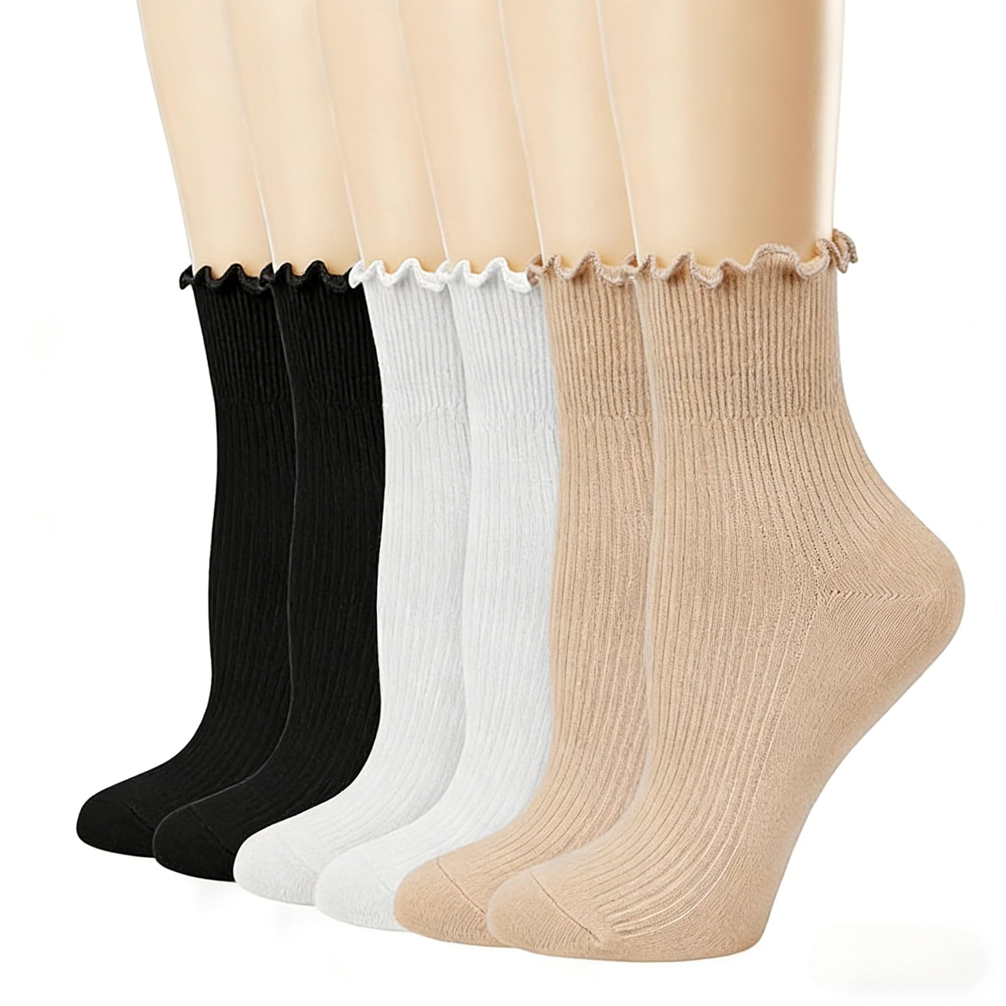 Lsyzhx Women's 3 Colors 6 Pack Ruffle Socks, Ankle High Cotton Frilly Socks Turn Cuff Lettuce Edge Ankle Crew Socks For (3 Colors)