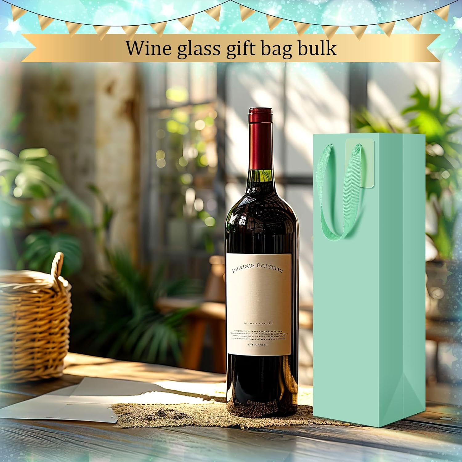 Windyun 50 Pack Wine Gift Bag Wine Tote Bags Bulk 3.9 x 3.5 x 13.8 Inch Kraft Paper Bag with Handles for Small Business Present Wedding Party Supplies (Green)