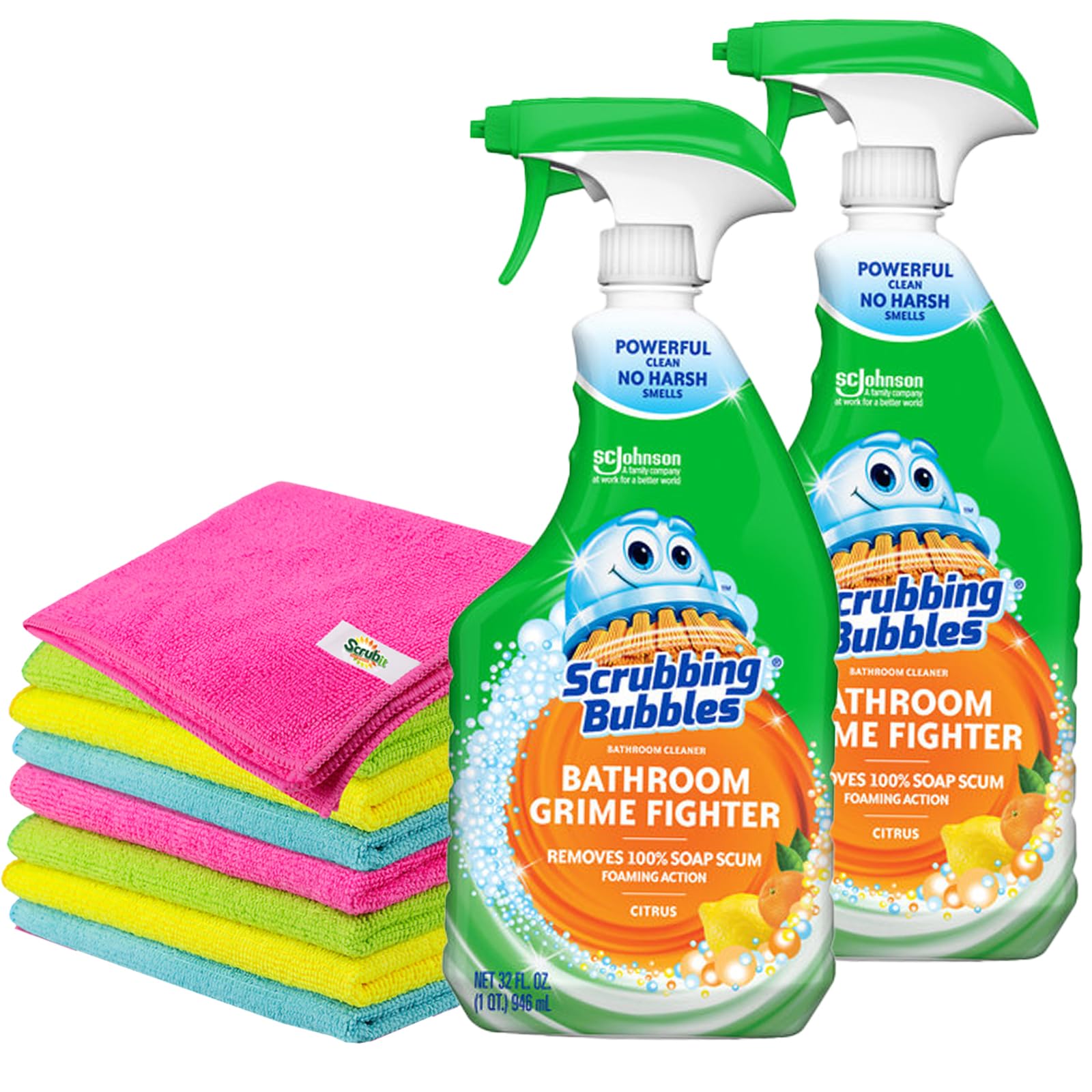 2 Scrubbing Bubbles Grime Fighter Bathroom Cleaner Spray, Citrus, 32 fl oz, 2 Pack Bathroom Cleaner With 6 Count Microfiber Cleaning Cloths