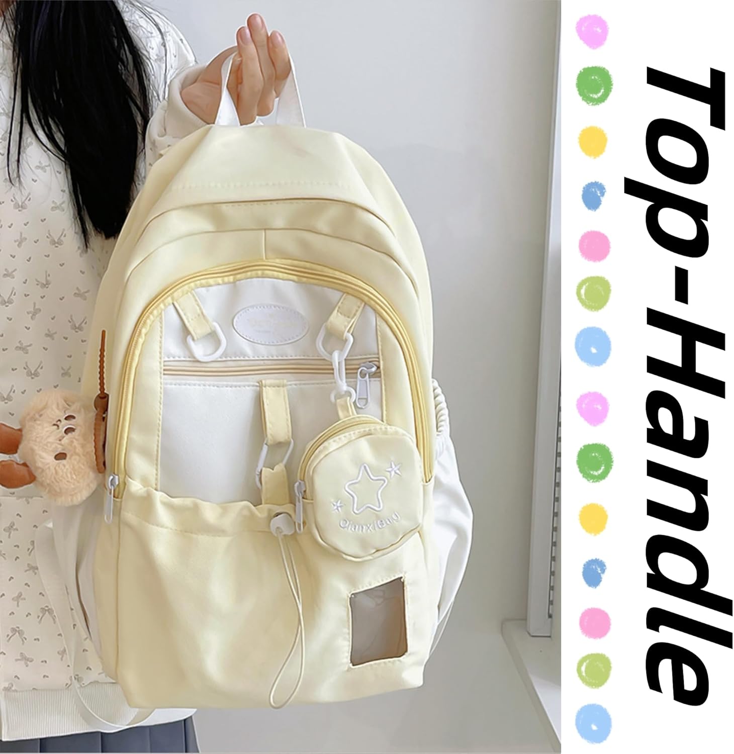 Kawaii Backpack Double Shoulder Bag with Cute Star Removable Pouch Small Clear Front Pocket Large Capacity Fits 16" Laptop Dopamine Colors Daypack (Yellow) - Image 4