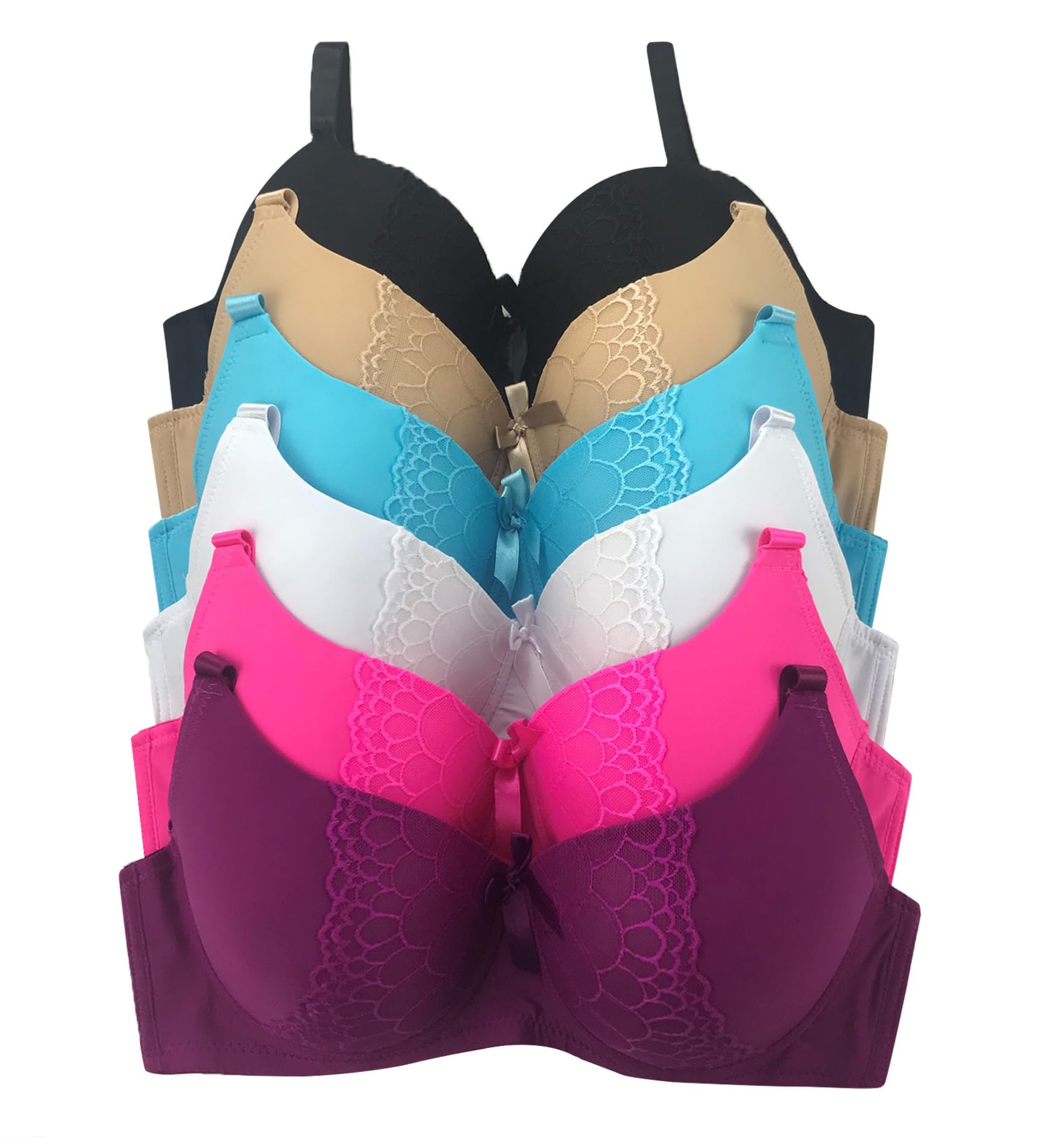 Viola's Secret 6 Pack of Color Print T-Shirt Bras B Cup C Cup and D Cup