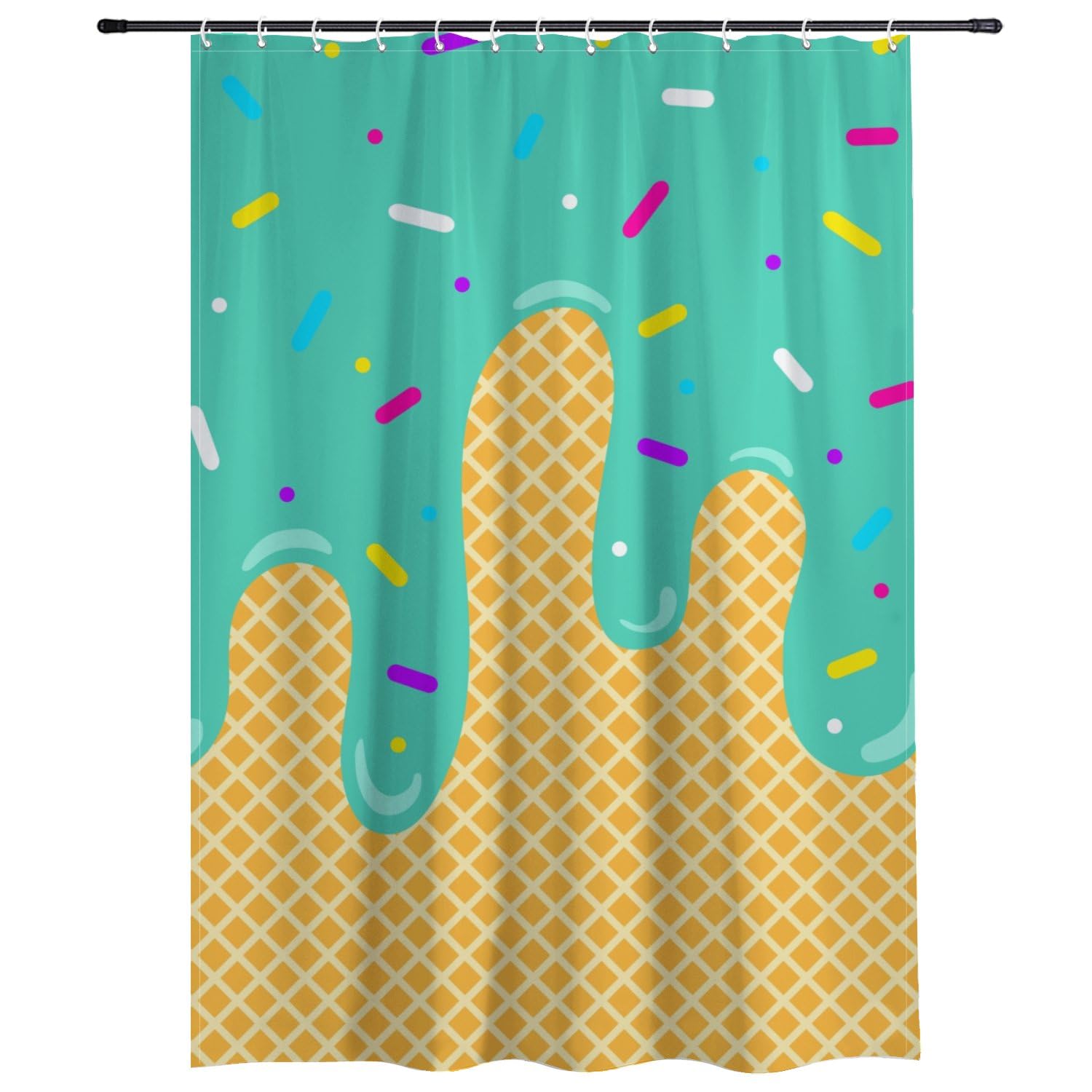 Summer Ice Cream Waffle Shower Curtain Mould Proof Resistant Machine Washable Waterproof Shower Curtain for Wet Room with Hooks Cute Curtains Polyester Fabric Bath Bathroom Curtains 180×180cm