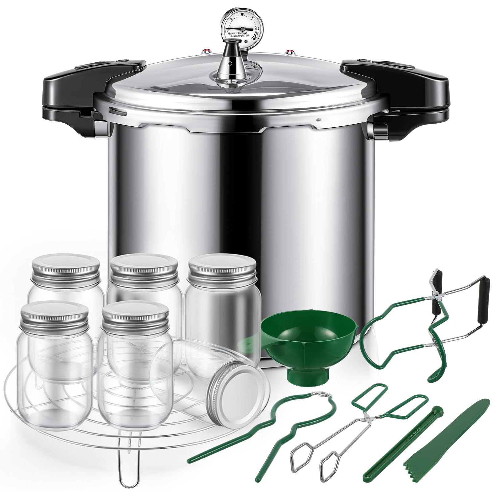 24qt Pressure Cooker with 6 Mason Jars, 6 Canning Supplies with Pressure Panner Stainless Steel Steam Rack Gauge for Canning, Silver