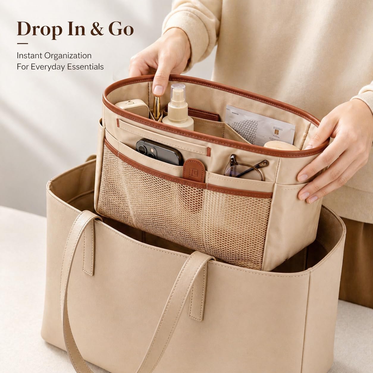 GIVLEFLY Small Purse Organizer Insert for Tote Bag, Compact Bag Organizer Insert, Multi Pocket Handbag Organizer, Structured Purse Liner Shaper, Beige
