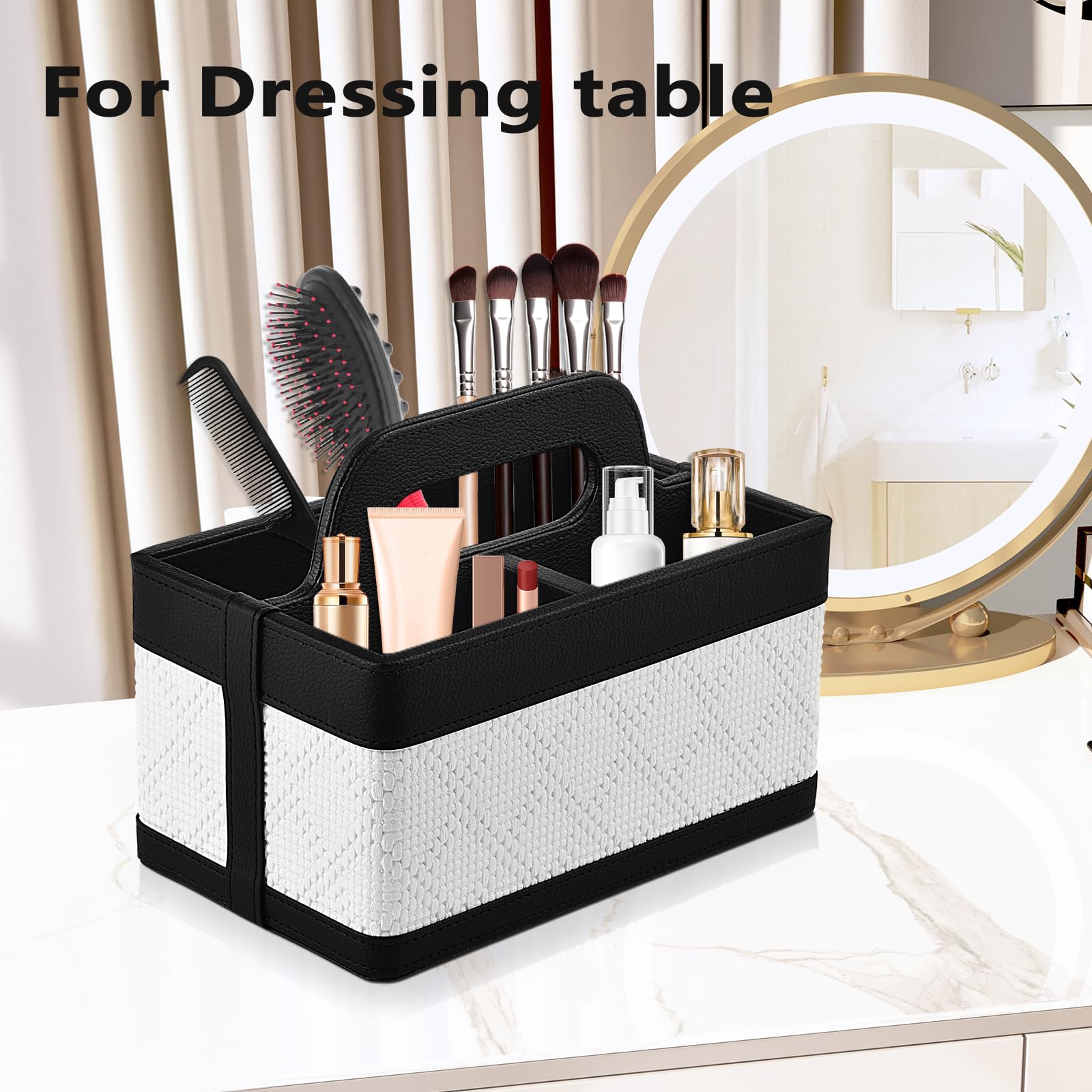 RHCSZ Desk Organizer Caddy with Handle-Portable PU Leather Remote Control Holder-Nightstand Dresser Tote Storage for Sunglasses Comb Small — view 4