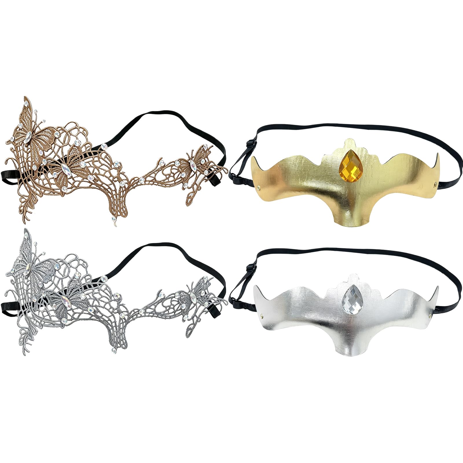 VEINARDYL 4 pcs Couple's Masquerade Masks for Glasses, Men Women's Venetian Mask Lace Mask with Diamonds for Ball Party Masquerade Sexy Eye-mask Costume - Bronze Gold and Silver