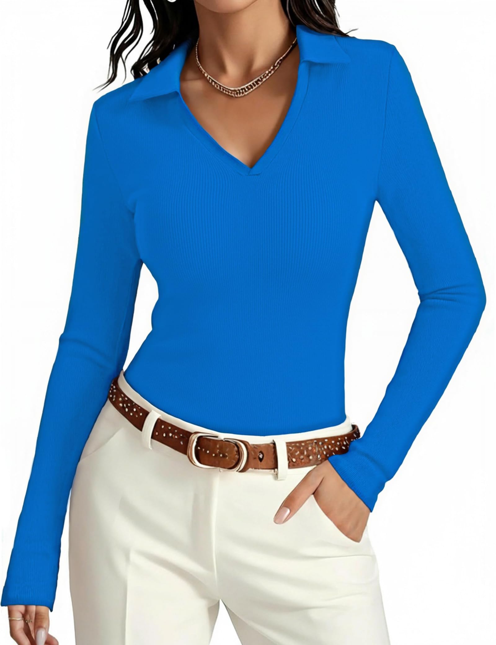 Aottori Damen Langarmshirt V-Ausschnitt Oberteile Gerippt Slim Fit Poloshirt Dünn Stretch Pullover Elegant Tee Shirts Langarm Casual Basic Tops Einfarbig