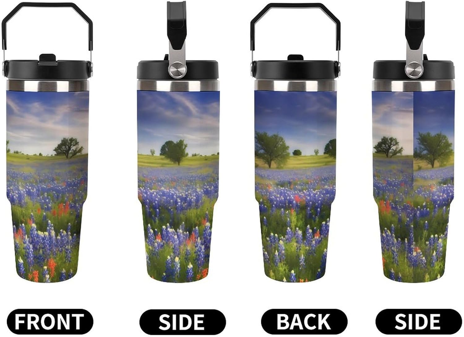 30oz Insulated Tumblers with Top Handle, Stainless Steel Texas Bluebonnets Scenery Car Cup with Straw for Gift, Leak-Proof Double Wall Vacuum Travel Mug, Personalized Water Bottles Black