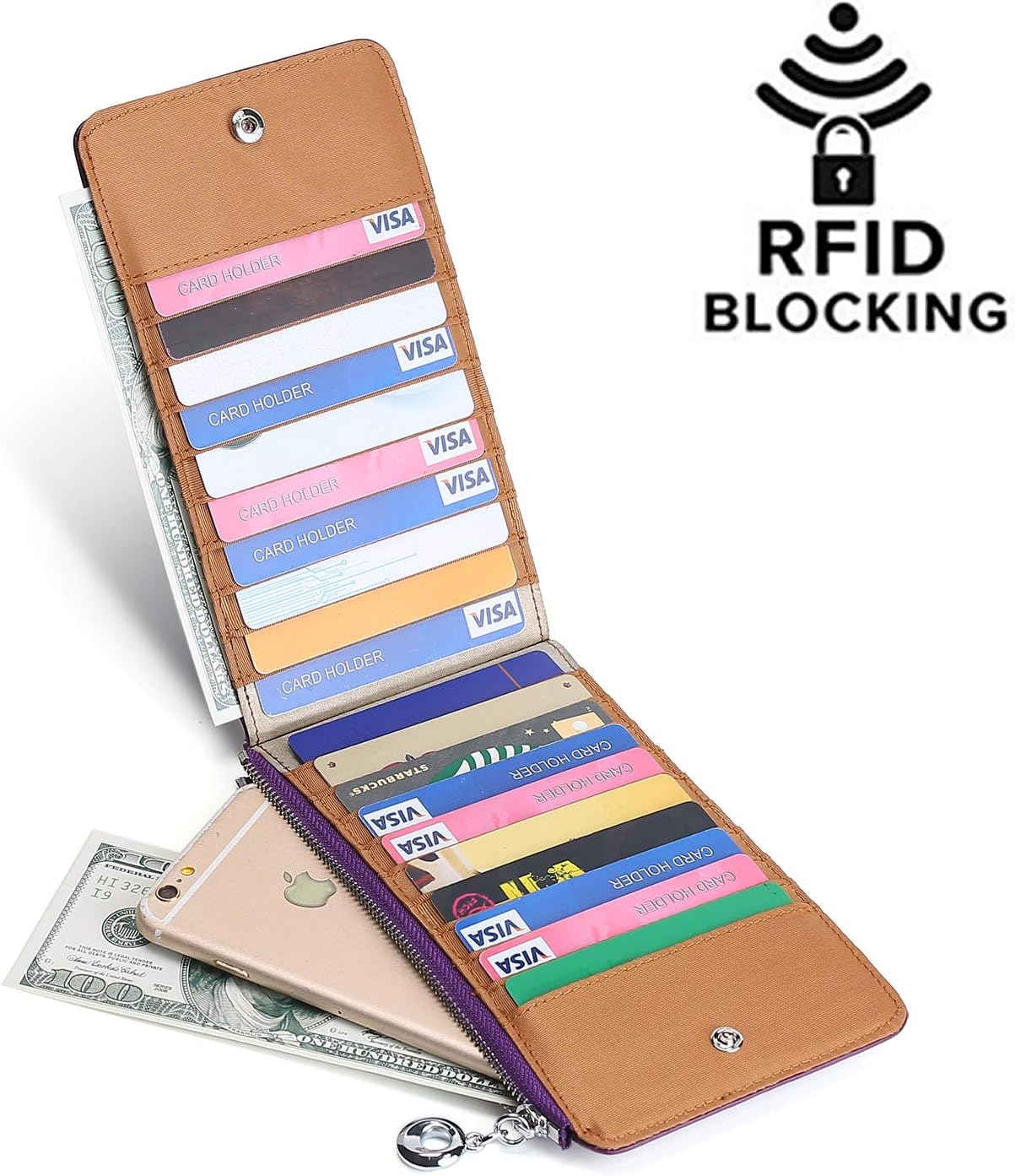 Yafeige Womens Wallet RFID Blocking Bifold Genuine Leather Multi Card Organizer Wallet with Zipper Pocket (Purple hollow)