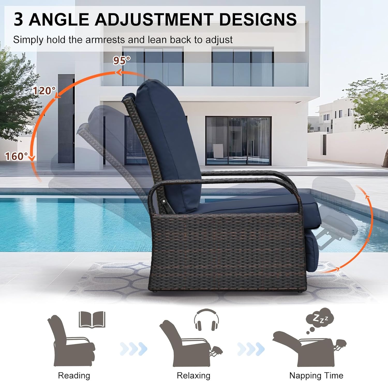 Skypatio Oversized Indoor & Outdoor Wicker Recliner, Adjustable All-Weather Wicker Patio Reclining Chair, Aluminum Patio Rattan Armchair with Thick Cushion