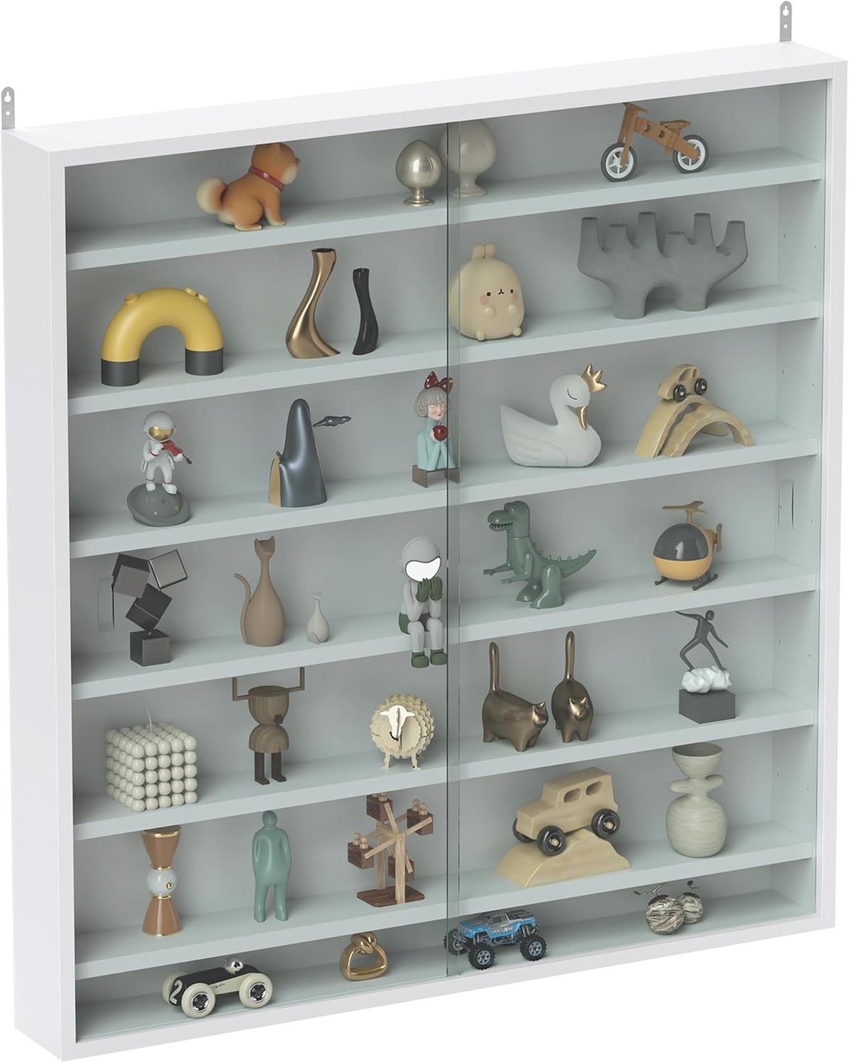 The HOMCOM display cabinet filled with various small decorative items, showcasing its capacity and adjustable shelves.