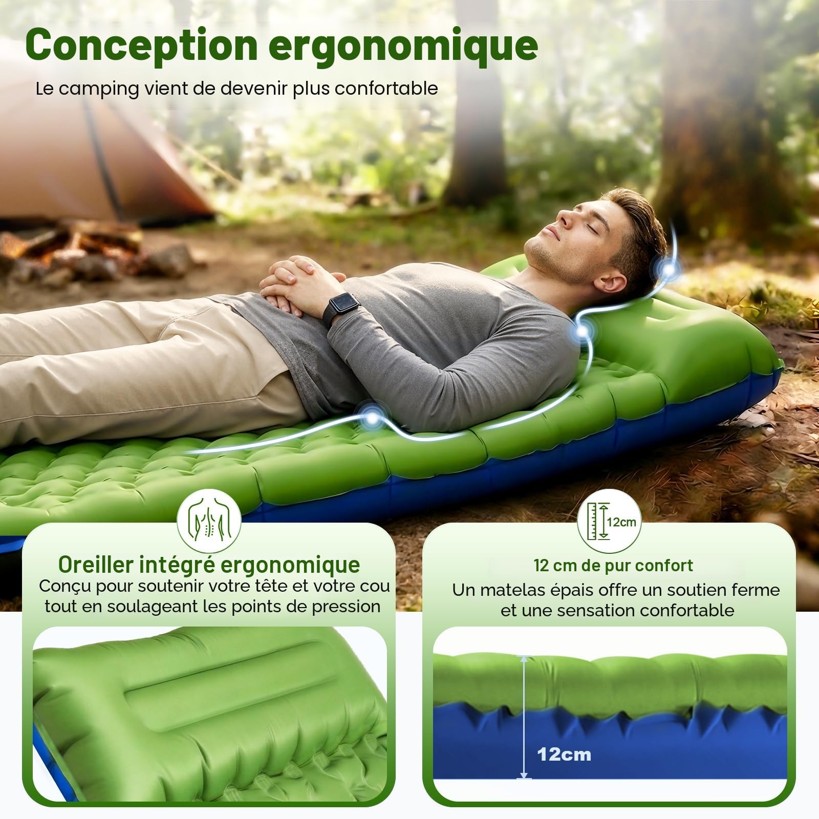 JATEKA Matelas Gonflable 1 Place, Matelas Camping Large de 83cm Ultra Léger avec Oreiller et Pompe à Pied intégrée, Matelas Gonflable 1 Place Résistant à l'eau Randonnée/Tente Bleu Verdâtre