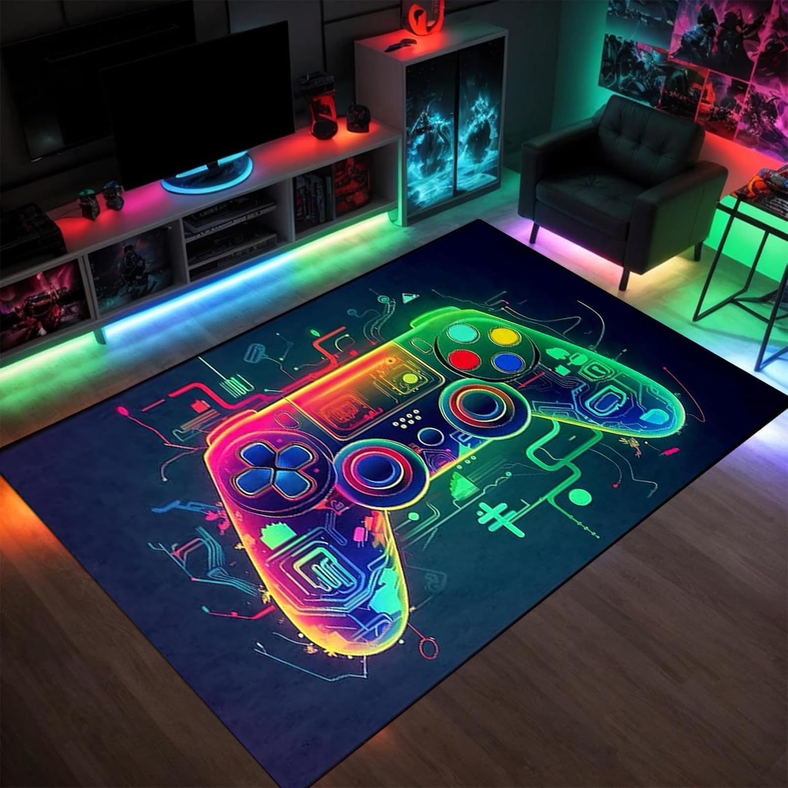 Gaming Rug for Boys Bedroom, 160x120cm 3D Colorful Game Controller Chair Mat - Non-Slip Gamepad Floor Carpet, Soft Washable Area Rug for Gaming Room, Playroom & Bedside Decor