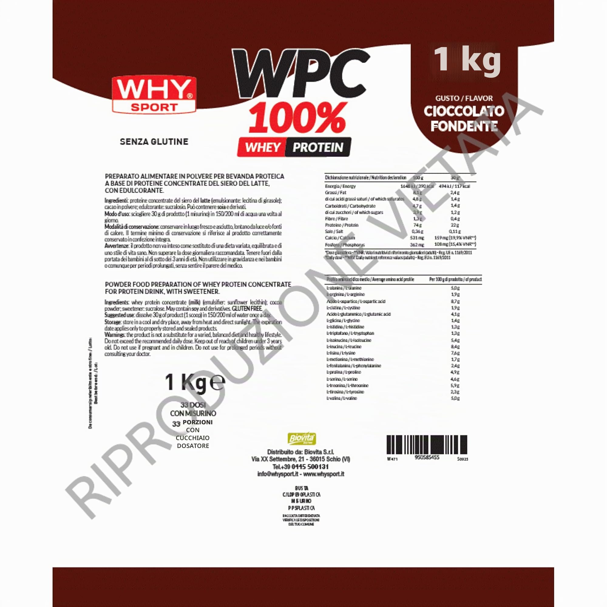 WHY SPORT WPC 100% WHEY - Proteine Whey - Proteine in Polvere per la Massa Muscolare - Senza Glutine - Gusto Cioccolato fondente -1 Kg