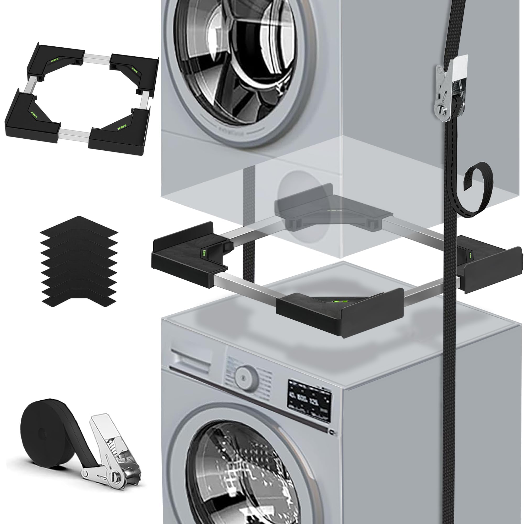 Kit de apilamiento universal para lavadora y secadora, accesorios para lavadora/secadora, con cuerda de trinquete, accesorio de lavadora para secadora, tamaño ajustable (45-68 cm) (negro)
