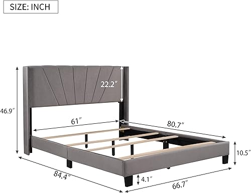 Miniatura 2 de Majnesvon Base de cama tapizada de plataforma tapizada, de terciopelo, tamaño Queen, base de colchón, necesita somier, fácil montaje, Queen (gris)