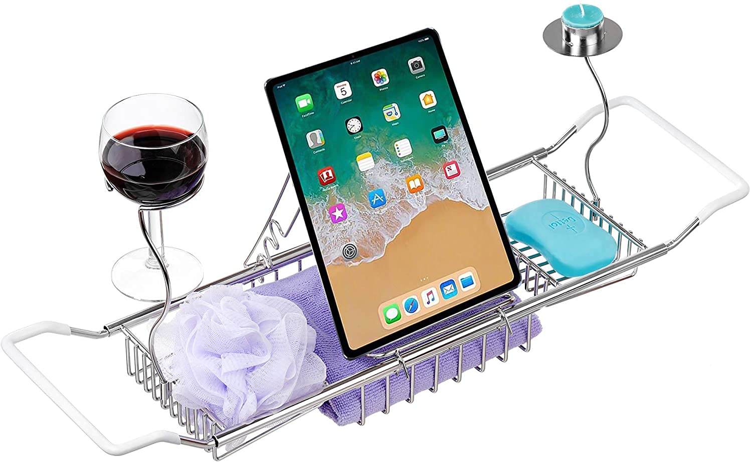 Rubik Bath Tub Caddy Over Bathtub Tray Stainless Steel Racks Organizer with Extending Bars, Wine Glass and Universal Cup Holder, Book Rack (Silver)