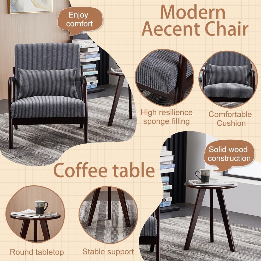 Mid-Century Modern Accent Chair&Coffee Table Set,Vintage Luxury Style, Leisure Chair& Coffee Table (Walnut-Tone), Suitable for Living Rooms and Bedroom Relaxation Areas (Antique Dark Grey)