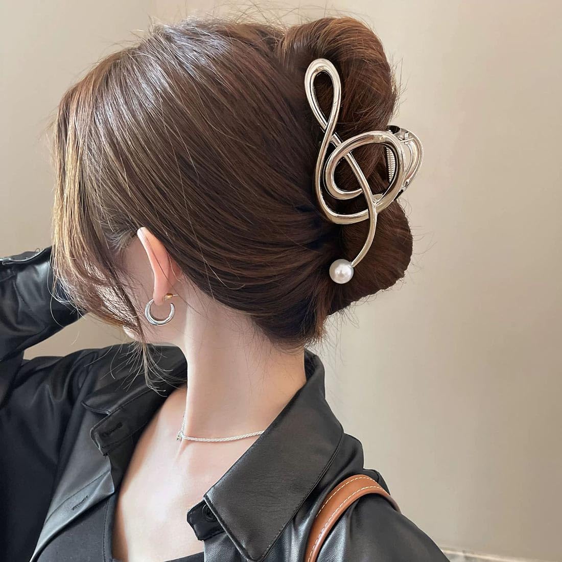 Cubahop 2PCS Metal Hair Claw Clips Barrettes Musical Note Pearl Irregular Large Shark Clamp Gold Silver Wave Non-Slip Hair Styling Accessories for Women (Color A - Image 4