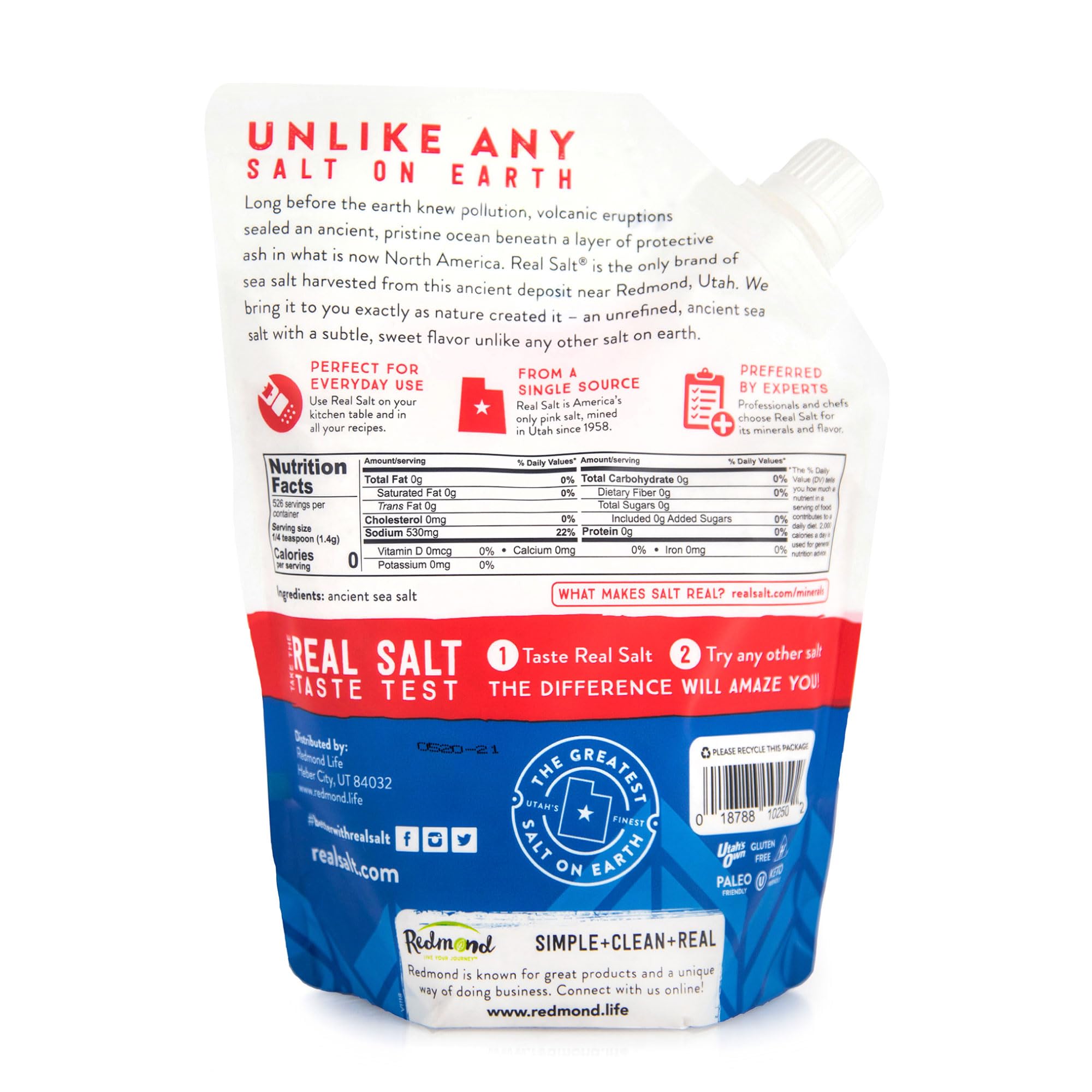 Redmond Real Salt Fine Salt, worek uzupełniający 737 g - czysta, naturalna, oryginalna sól morska z Utah, nieoczyszczona, średnioziarnista, bogata w minerały